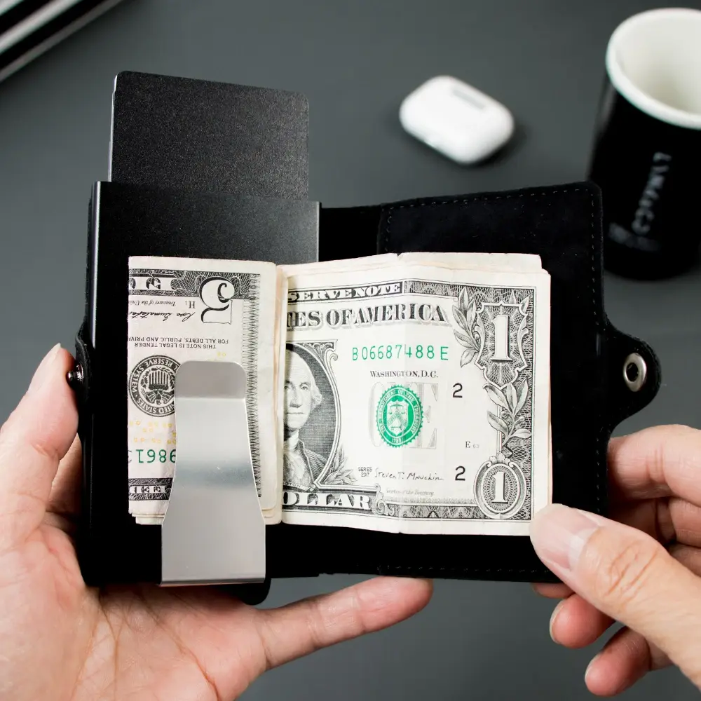 Pop Up Metal Wallet RFID Credit Card Holder Pu Leather Slimwallet Cardholder Aluminum Case Wallet for Men with Zipper Pocket