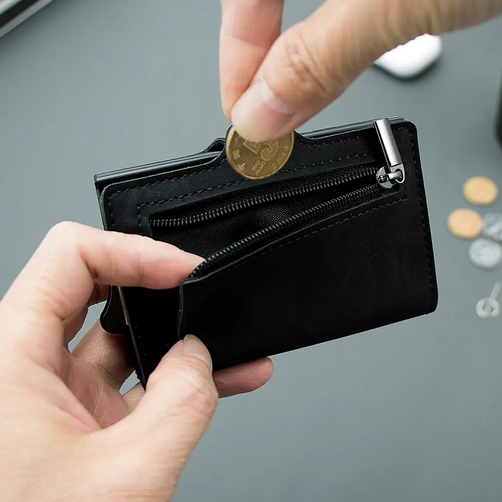 Pop Up Metal Wallet RFID Credit Card Holder Pu Leather Slimwallet Cardholder Aluminum Case Wallet for Men with Zipper Pocket