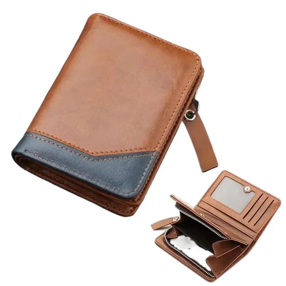 PU Leather Men Wallet Vintage Large Capacity Multi Card Slots Short Zipper Money Clip Foldable Slim RFID Blocking Male Purse