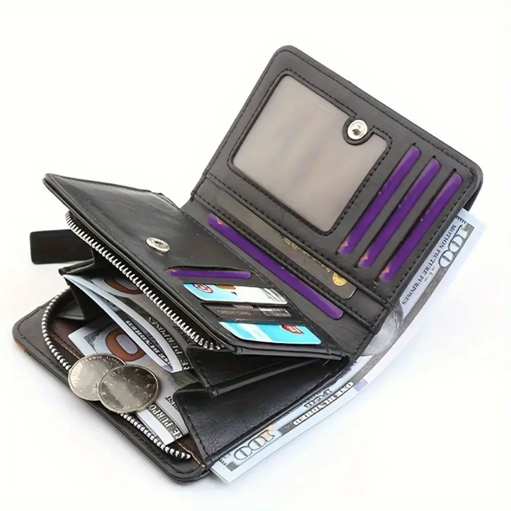 PU Leather Men Wallet Vintage Large Capacity Multi Card Slots Short Zipper Money Clip Foldable Slim RFID Blocking Male Purse