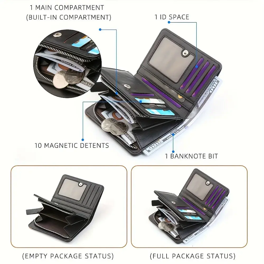 PU Leather Men Wallet Vintage Large Capacity Multi Card Slots Short Zipper Money Clip Foldable Slim RFID Blocking Male Purse