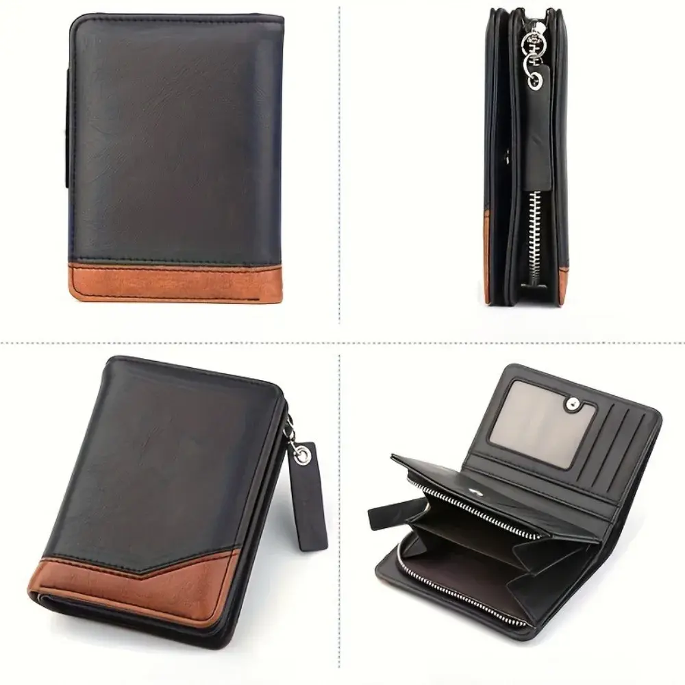 PU Leather Men Wallet Vintage Large Capacity Multi Card Slots Short Zipper Money Clip Foldable Slim RFID Blocking Male Purse