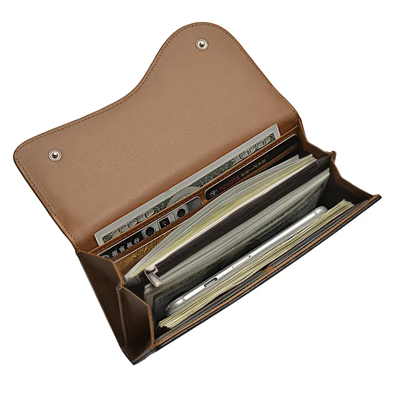 New Men's Long Mobile Phone Bag Business Leather Multi Function High Capacity Zipper Wallet with Hand Belt