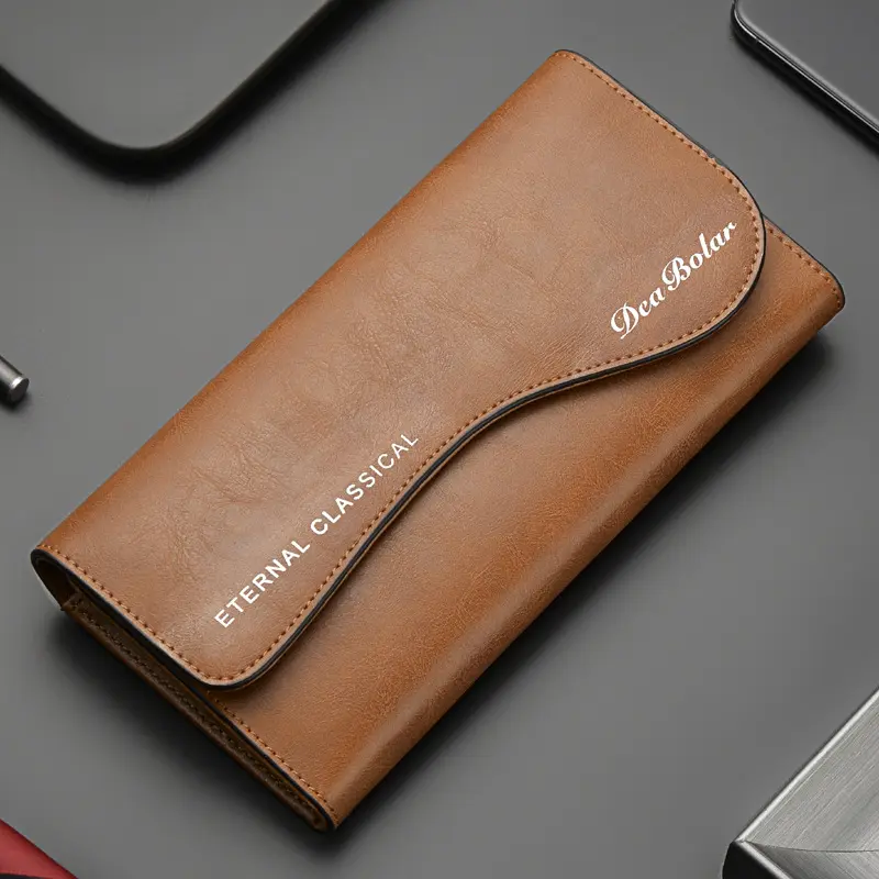 New Men's Long Mobile Phone Bag Business Leather Multi Function High Capacity Zipper Wallet with Hand Belt