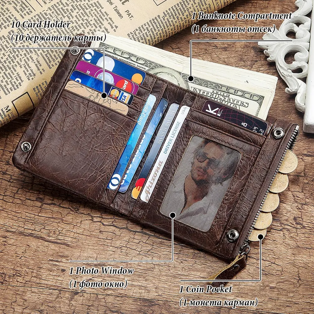 HUMERPAUL Short Wallet for Men Genuine Leather RFID Wallets with Card Holder Bifold Zip Coin Pocket Billetera Hombre Small