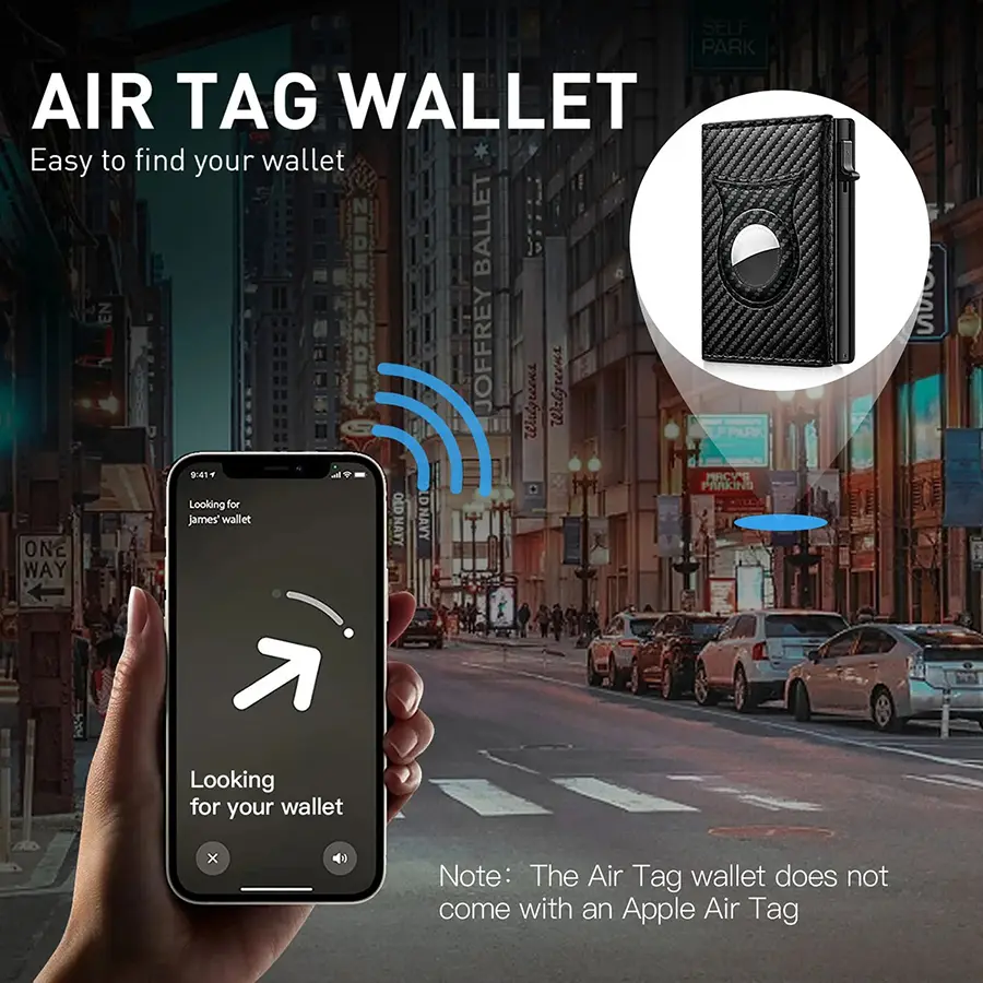 Men's Carbon Fiber Magnetic Card Clip Leather RFID Triple Fold Card with Zipper Wallet Pop Up Smart AirTag Wallet