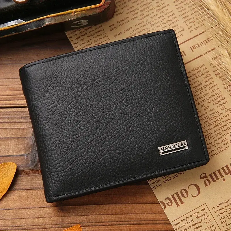 Premium Cowhide Wallet for Men Short Black Leather Bifold Wallet Classic Style Portefeuille Homme