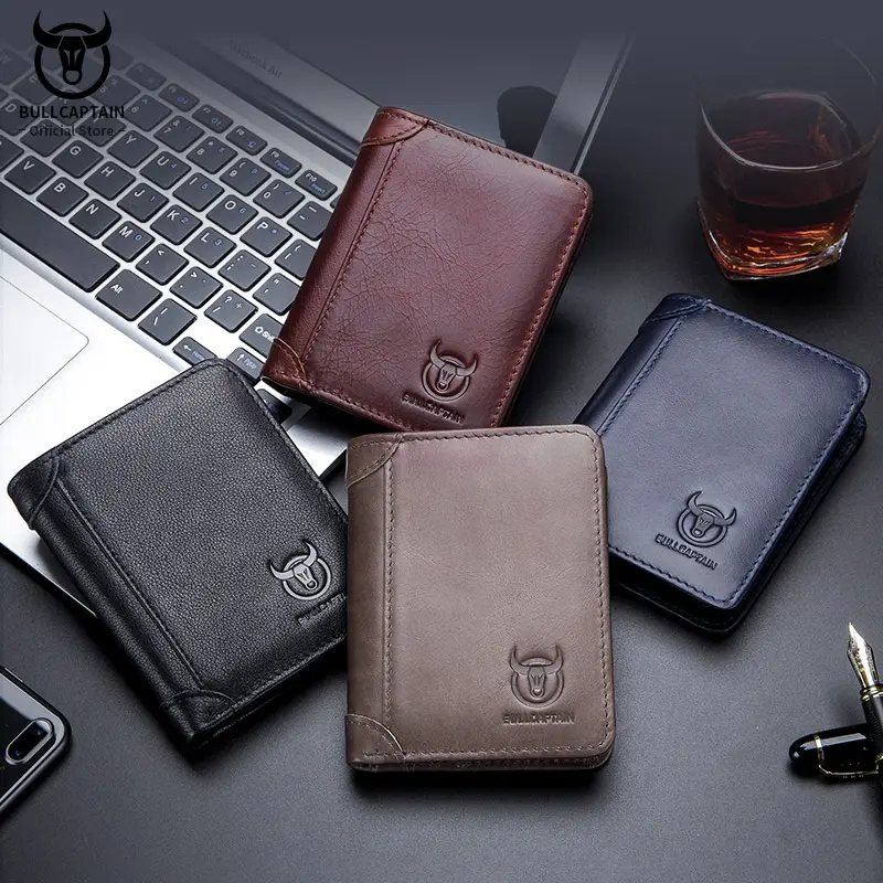 BULLCAPTAIN New Genuine Leather Man Wallet Small Mini Card Holder Male Purse Pocket RFID Wallet Coin High Quality