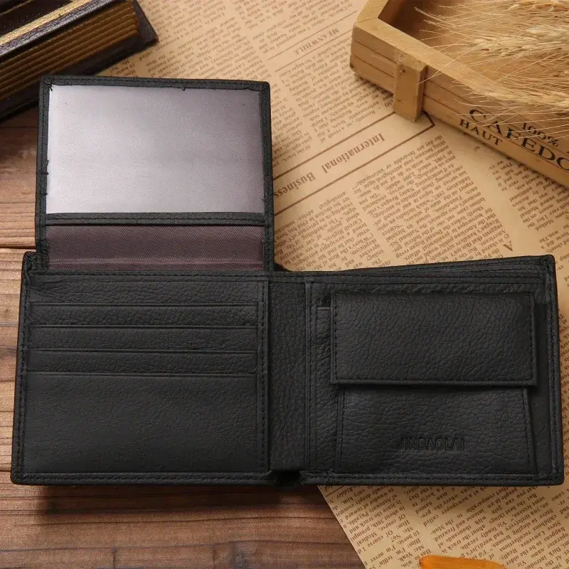 Premium Cowhide Wallet for Men Short Black Leather Bifold Wallet Classic Style Portefeuille Homme