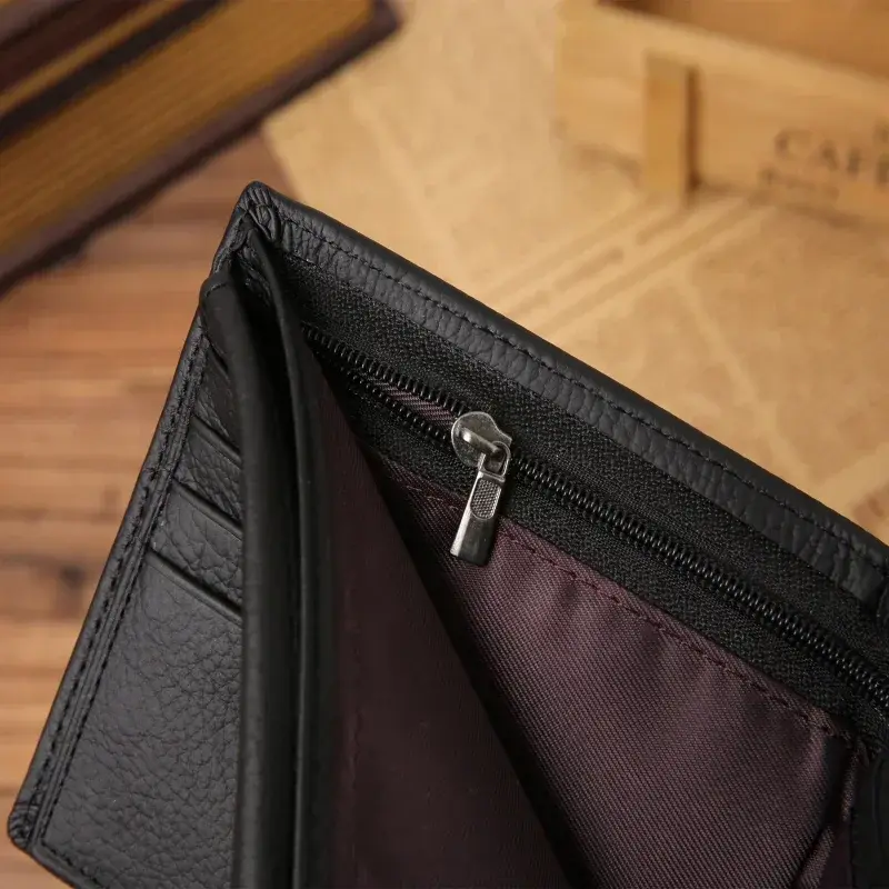 Premium Cowhide Wallet for Men Short Black Leather Bifold Wallet Classic Style Portefeuille Homme