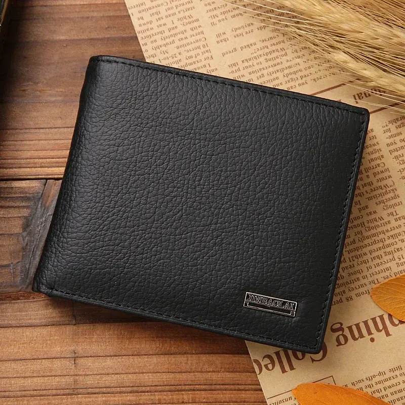 Premium Cowhide Wallet for Men Short Black Leather Bifold Wallet Classic Style Portefeuille Homme