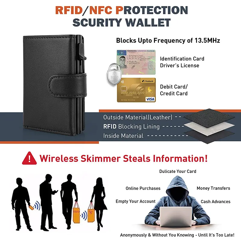 YATBEST Card Holder Wallet  Slim Minimalist Pop Up Leather Men Wallets RFID Blocking Metal Bank Card Case with Coins Pocket