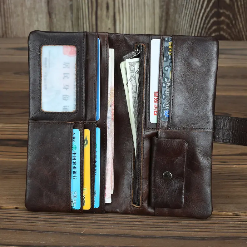 Genuine Leather Men's Long Wallet Real Cowhide Leather Long Purse Men Women Smooth Skin Leather Card Purse Anti Theft