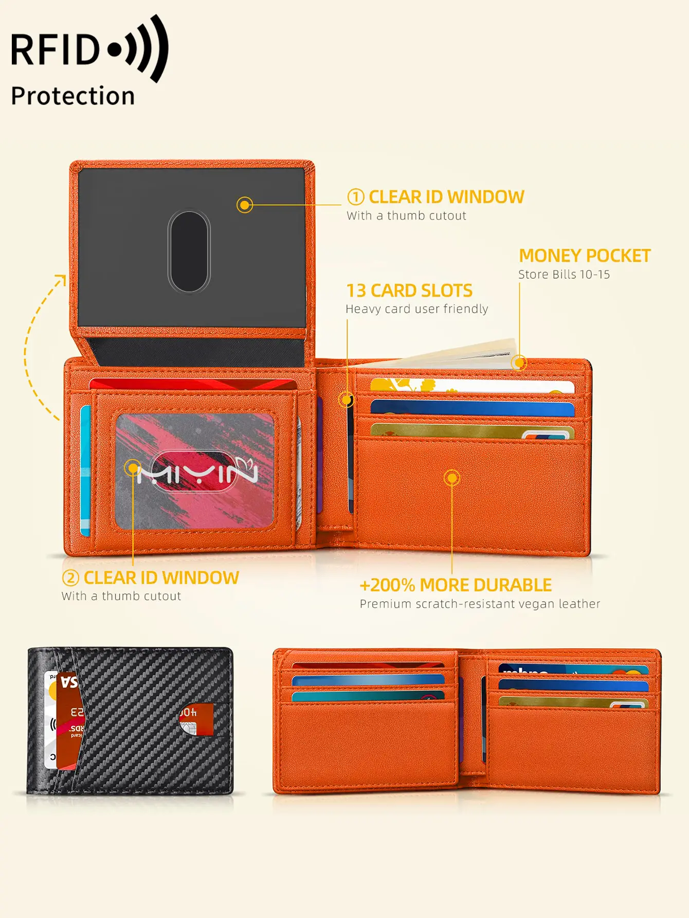RFID Blocking Ultra-thinTrifold Wallet Carbon fiber pattern Portable Credit Card Holder,with2 ID Windows and Multiple card slots