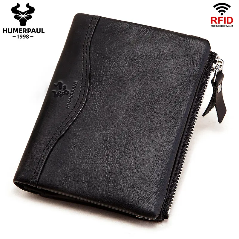 LAREET RFID Senior Short Wallet For Men Genuine Leather Wallets With Card Holder Bifold Zip Coin Pocket Small Billetera Hombre