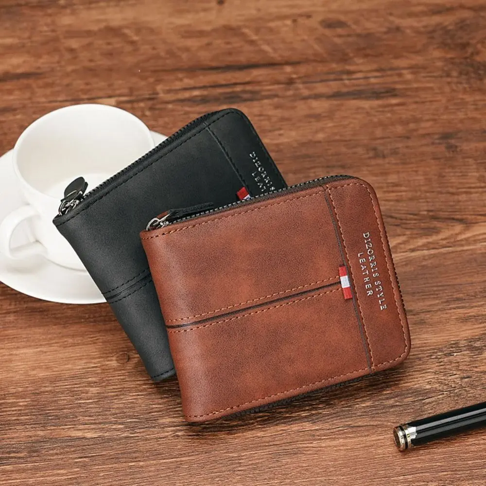Casual PU Leather Men Short Wallet Zipper Folding Business Clutch Bag Large Capacity Coin Purse ID Card Holder Men