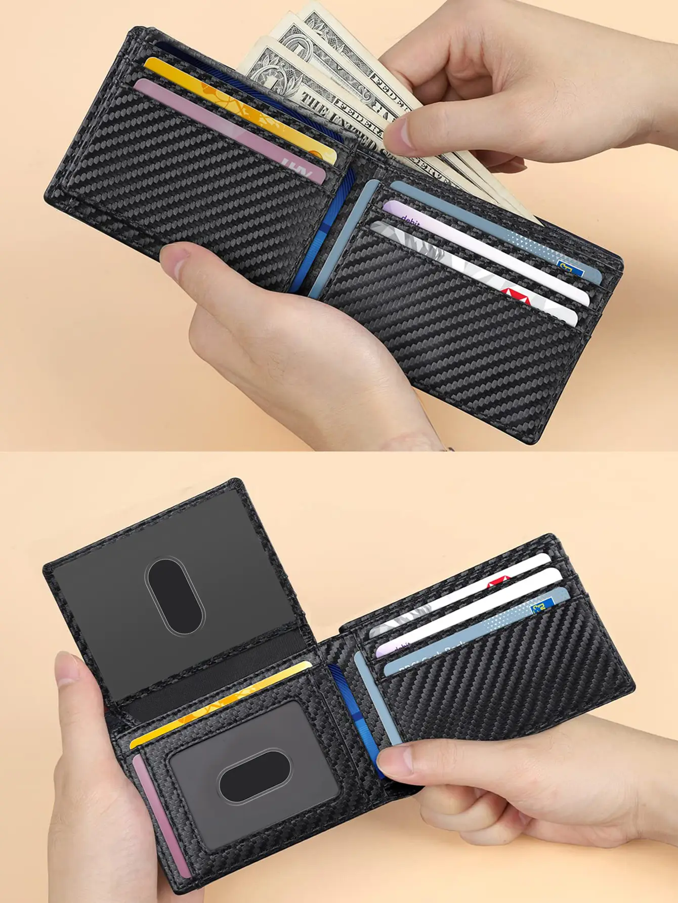 RFID Blocking Ultra-thinTrifold Wallet Carbon fiber pattern Portable Credit Card Holder,with2 ID Windows and Multiple card slots