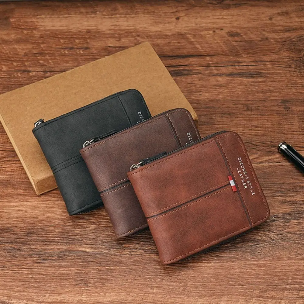 Casual PU Leather Men Short Wallet Zipper Folding Business Clutch Bag Large Capacity Coin Purse ID Card Holder Men