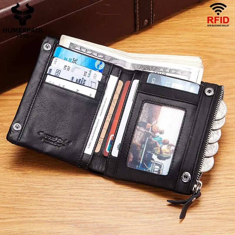LAREET RFID Senior Short Wallet For Men Genuine Leather Wallets With Card Holder Bifold Zip Coin Pocket Small Billetera Hombre