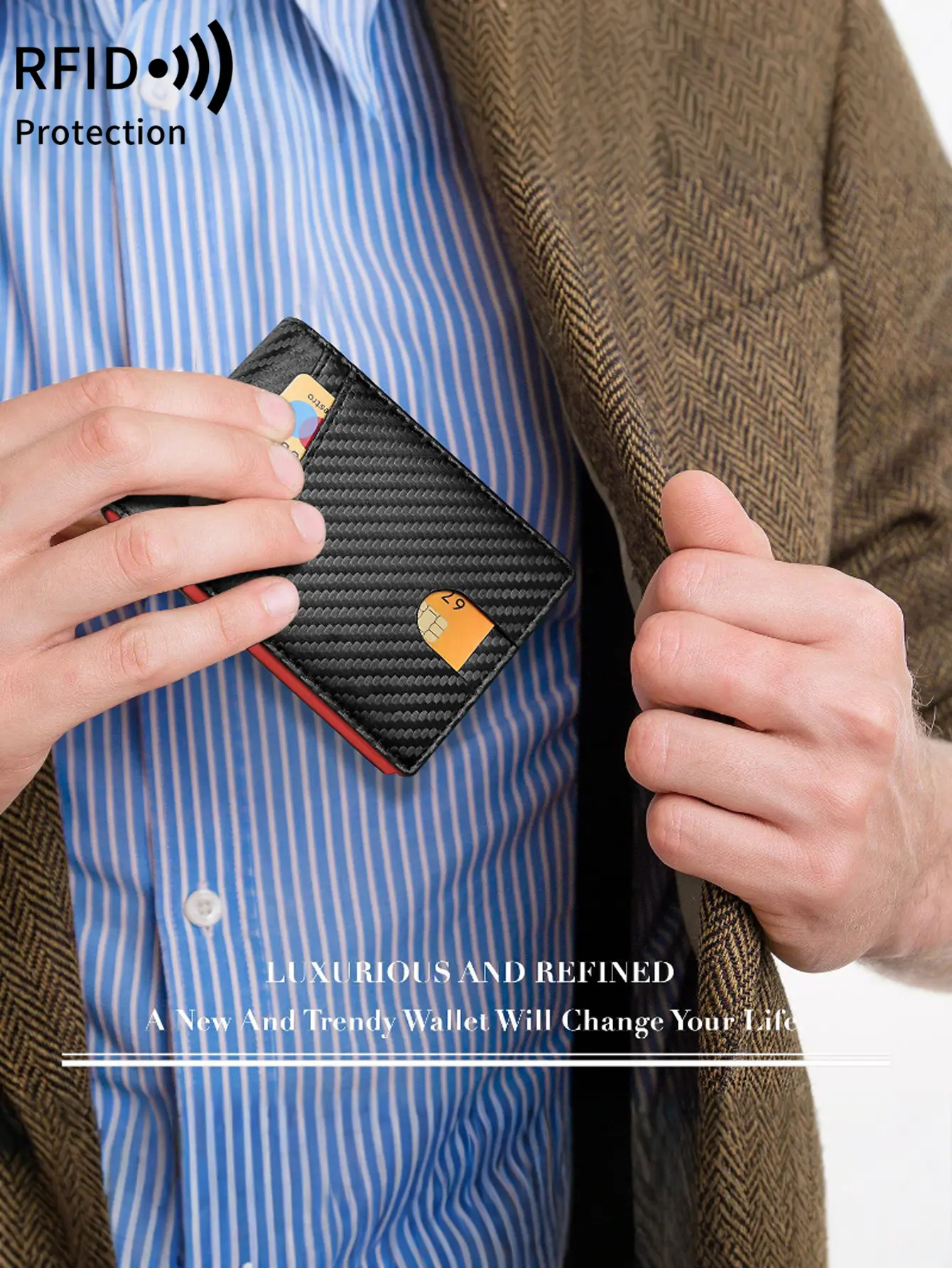 RFID Blocking Ultra-thinTrifold Wallet Carbon fiber pattern Portable Credit Card Holder,with2 ID Windows and Multiple card slots