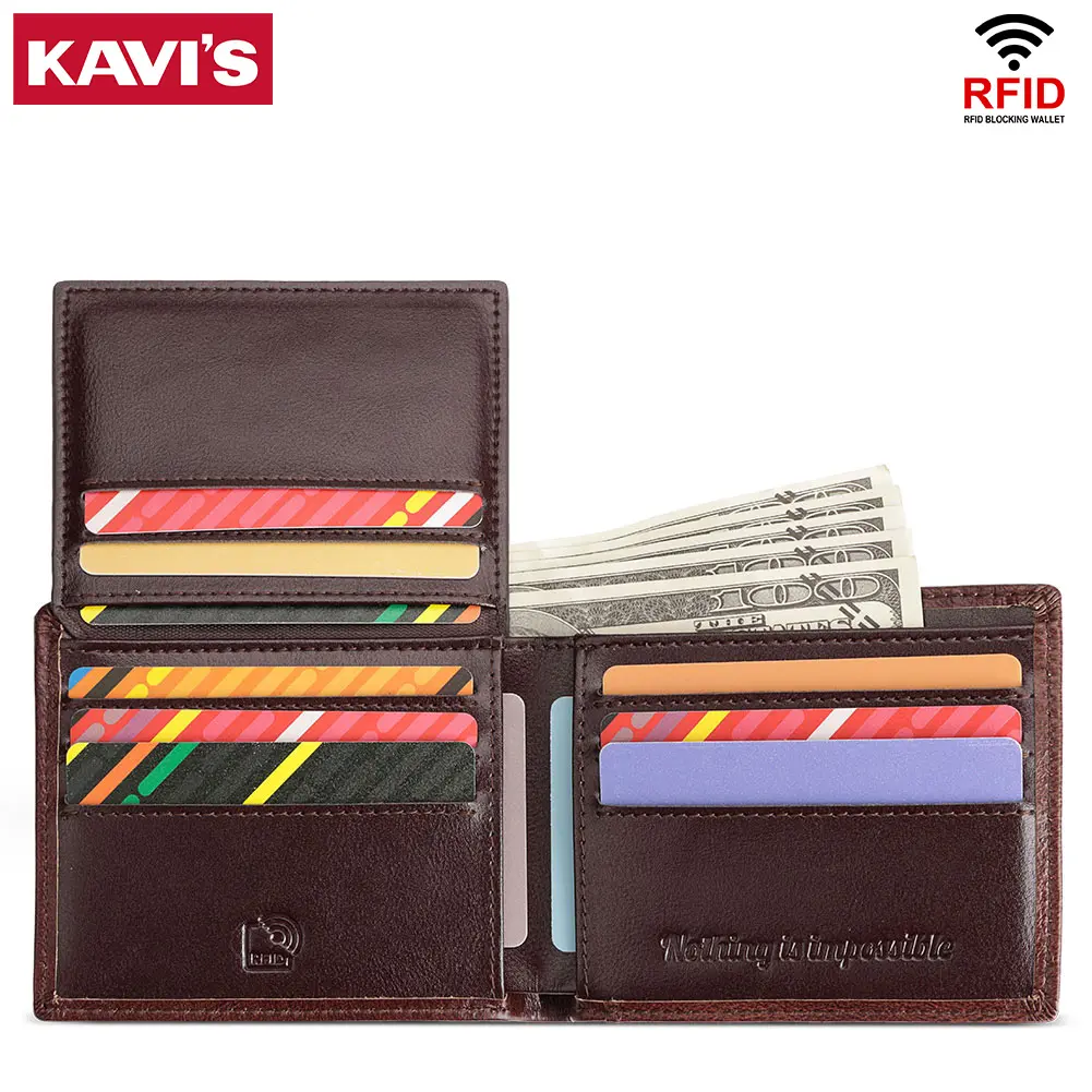 KAVIS Handmade Men's Wallet Genuine Leather RFID Card Holder with ID Window Large Capacity Male Storage Money Bag Fashion