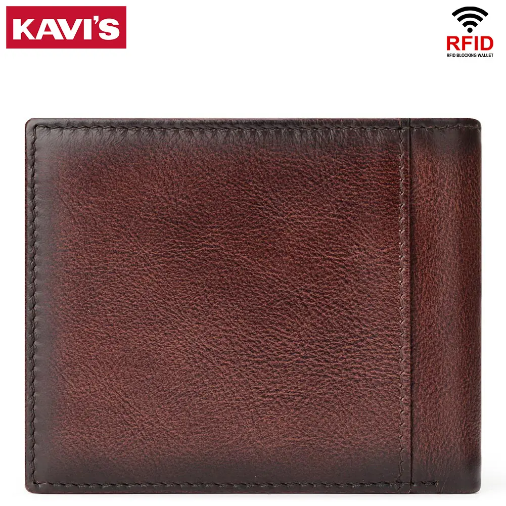KAVIS Handmade Men's Wallet Genuine Leather RFID Card Holder with ID Window Large Capacity Male Storage Money Bag Fashion