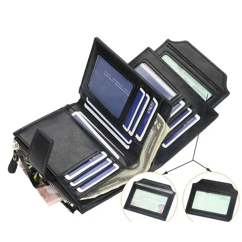 Men's wallet PU leather wallet for men and women credit card holder snap zipper coin purse