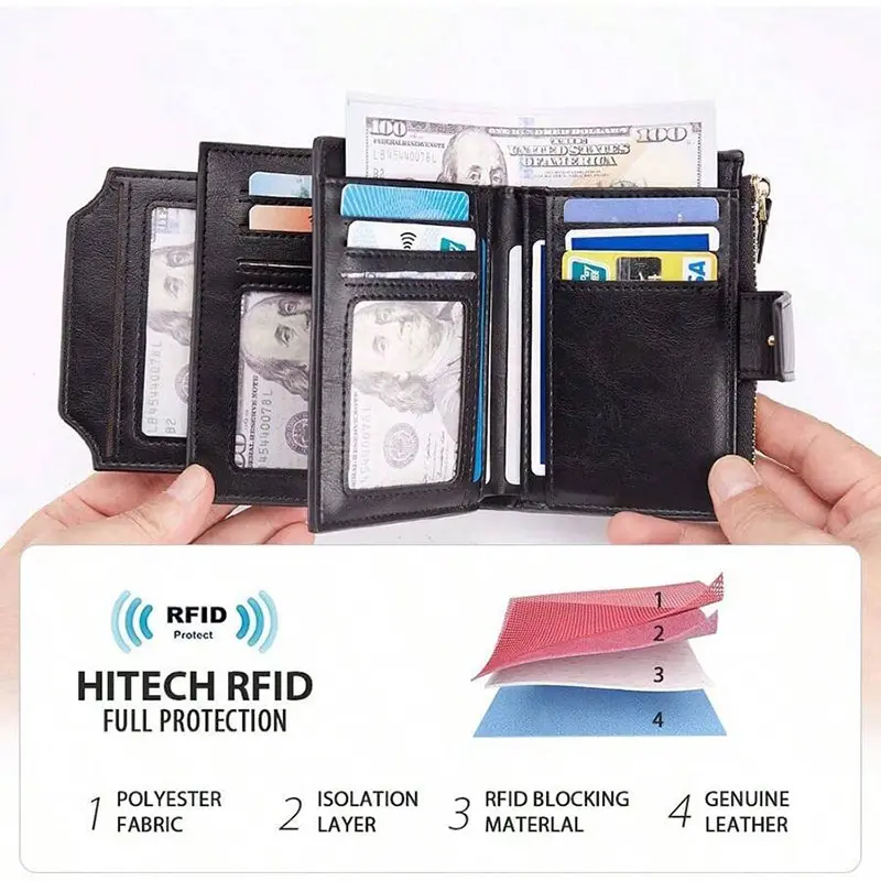 Men's wallet PU leather wallet for men and women credit card holder snap zipper coin purse