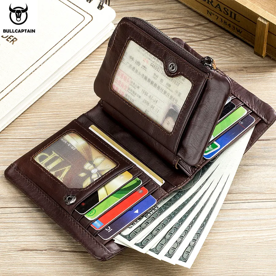 BULLCAPTAIN Mens RFID Blocking Wallets Zipper Leather Wallet for Men Bifold RFID Card Holder