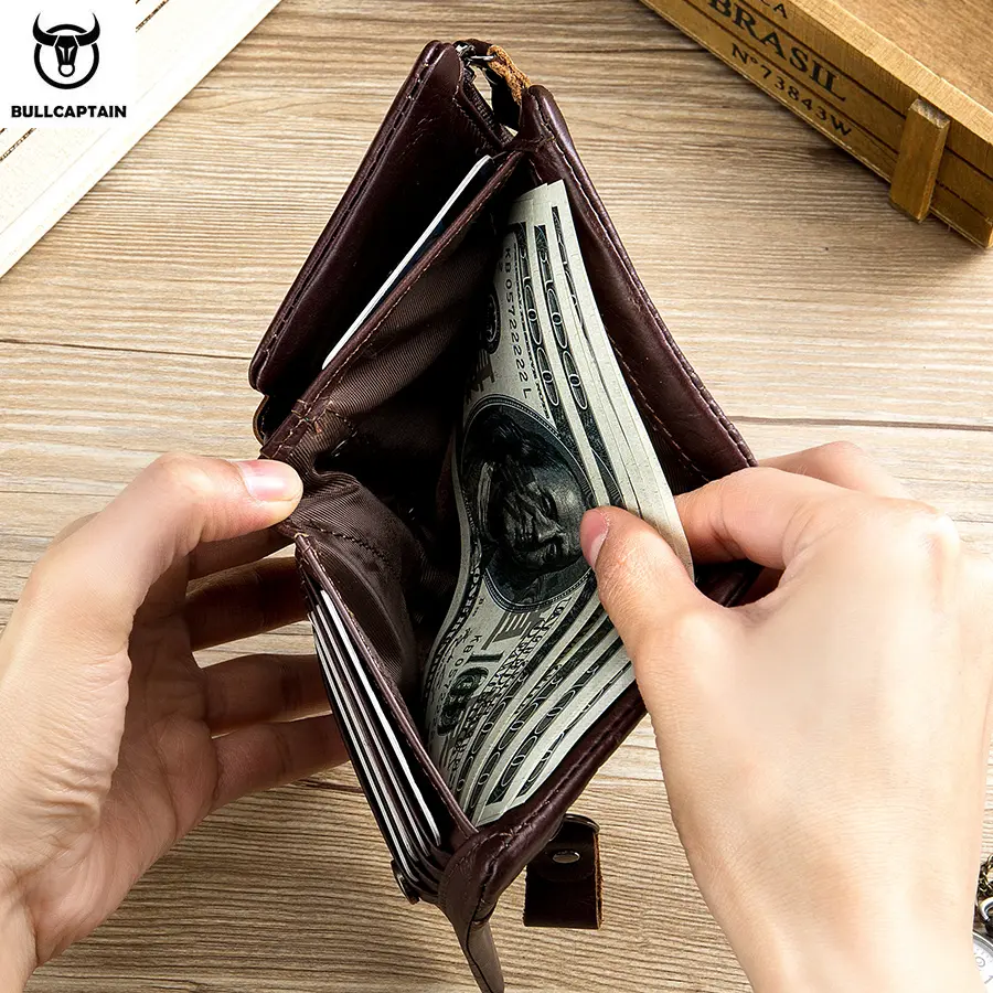 BULLCAPTAIN Mens RFID Blocking Wallets Zipper Leather Wallet for Men Bifold RFID Card Holder
