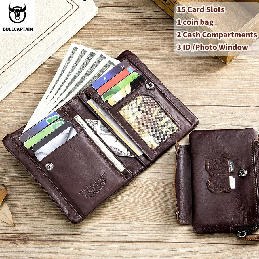BULLCAPTAIN Mens RFID Blocking Wallets Zipper Leather Wallet for Men Bifold RFID Card Holder