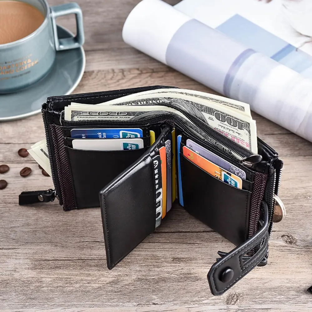 2024 Men Wallets Short PU Leather Double Zipper Hasp Men Purses Card Holder Coin Pocket Vintage High Quality Brand Men Wallets