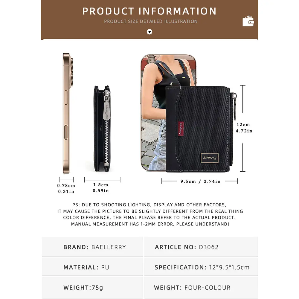 Baellerry New RFID Men Short Wallets Simple Card Bag Big Capacity Male Coin Purse Photo Holder High Quality Zipper Buckle Wallet