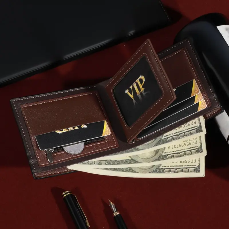 Men's Fashion Business Short Wallet with Zipper Coin Pocket  Luxury Brand Card Slots Horizontal Soft Synthetic Leather Wallet