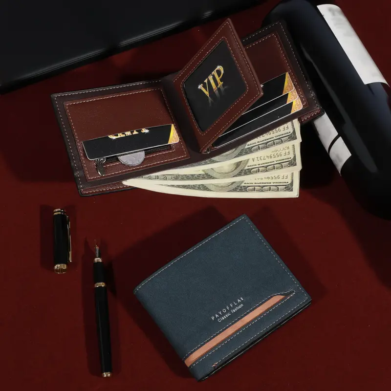 Men's Fashion Business Short Wallet with Zipper Coin Pocket  Luxury Brand Card Slots Horizontal Soft Synthetic Leather Wallet