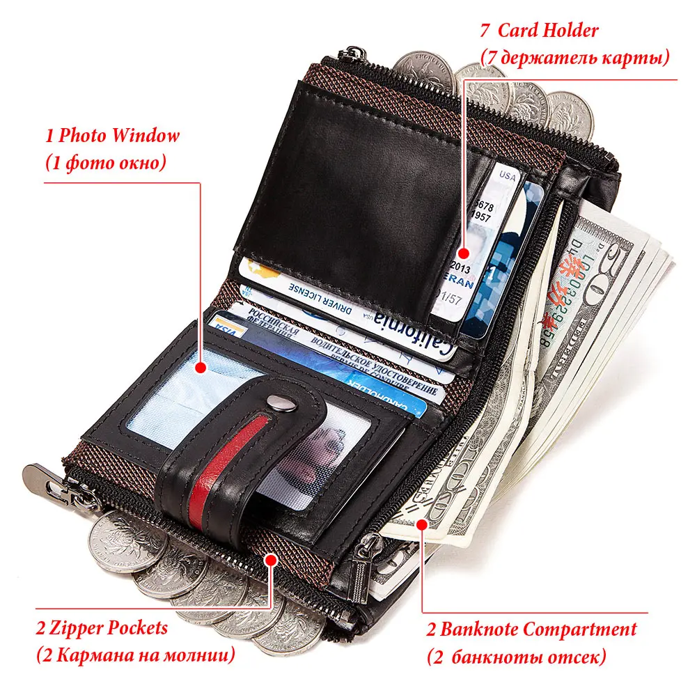 HUMERPAUL 100% Genuine Leather Mens Casual Wallet RFID Blocking Credit Card Holder with Zipper Coin Pocket Short Male Clutch Bag