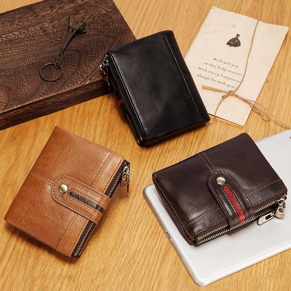 HUMERPAUL 100% Genuine Leather Mens Casual Wallet RFID Blocking Credit Card Holder with Zipper Coin Pocket Short Male Clutch Bag