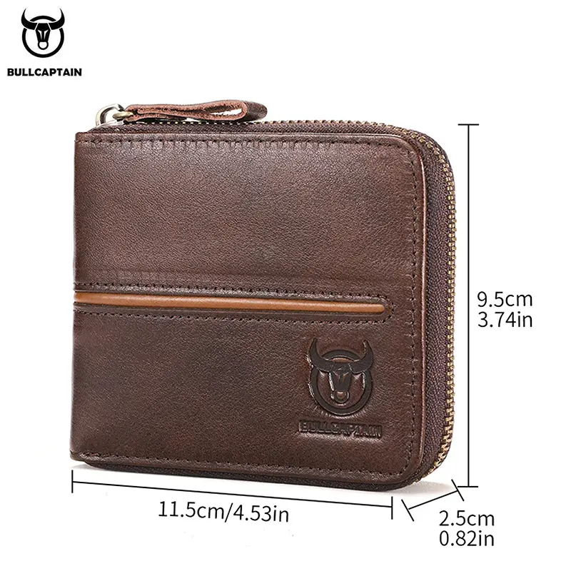 Bullcaptain retro RFID zipper with compartment men's wallet RFID credit card holder anti-theft leather mini men's wallet