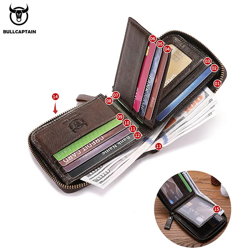 Bullcaptain retro RFID zipper with compartment men's wallet RFID credit card holder anti-theft leather mini men's wallet