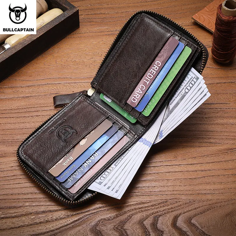 Bullcaptain retro RFID zipper with compartment men's wallet RFID credit card holder anti-theft leather mini men's wallet