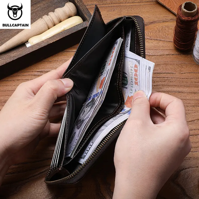 Bullcaptain retro RFID zipper with compartment men's wallet RFID credit card holder anti-theft leather mini men's wallet