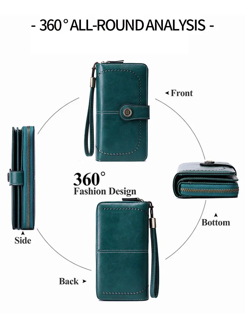 RFID retro three fold large capacity long wallet fashionable solid color women's wallet multifunctional zipper buckle wallet