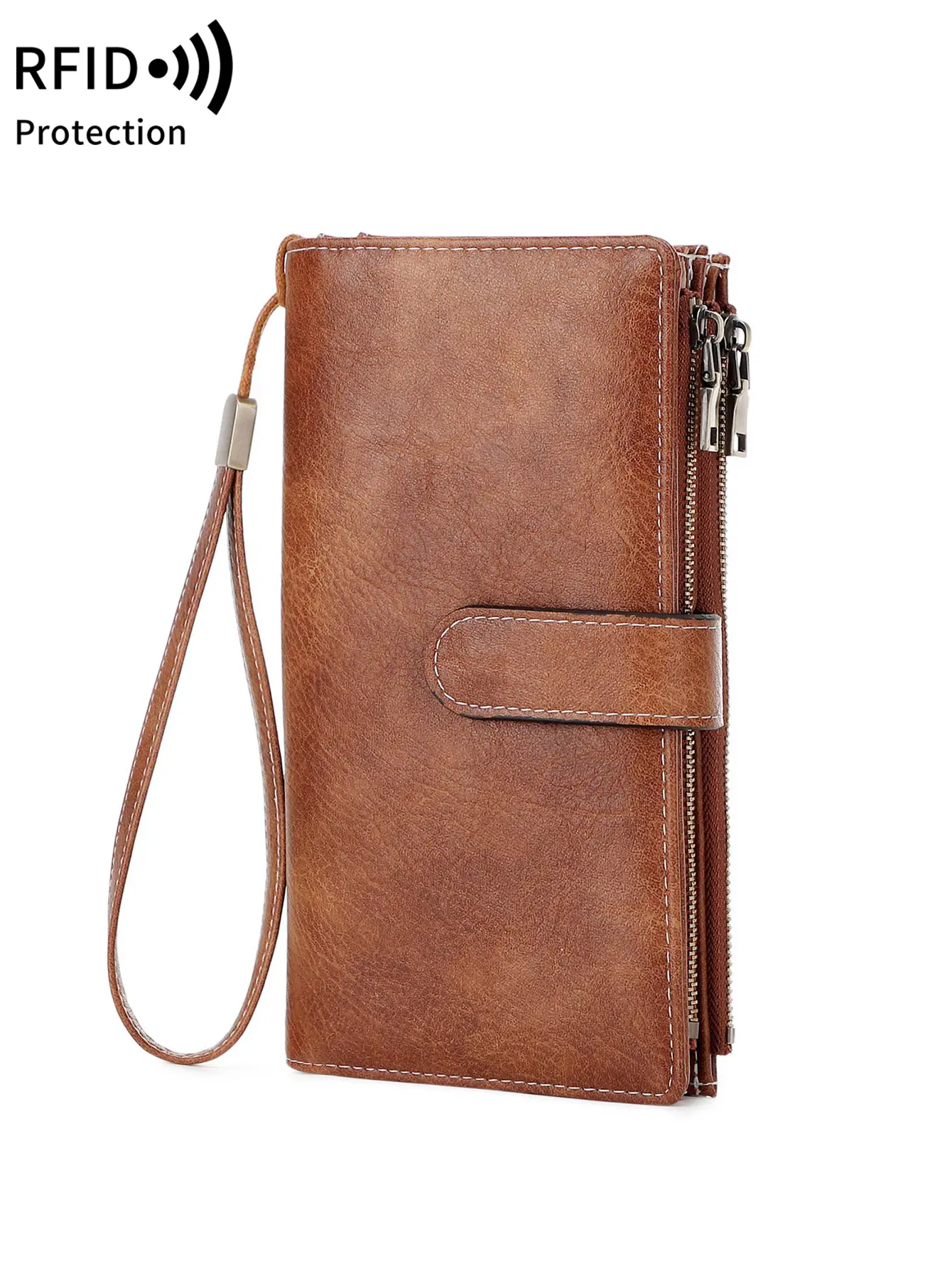Fashion Vintage Womens Long Wallet RFID Blocking Multifunction Large Capacity Trifold Credit Card Holder Dual Zippers Wallet