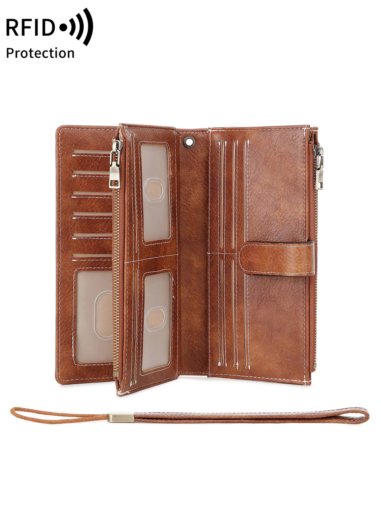 Fashion Vintage Womens Long Wallet RFID Blocking Multifunction Large Capacity Trifold Credit Card Holder Dual Zippers Wallet