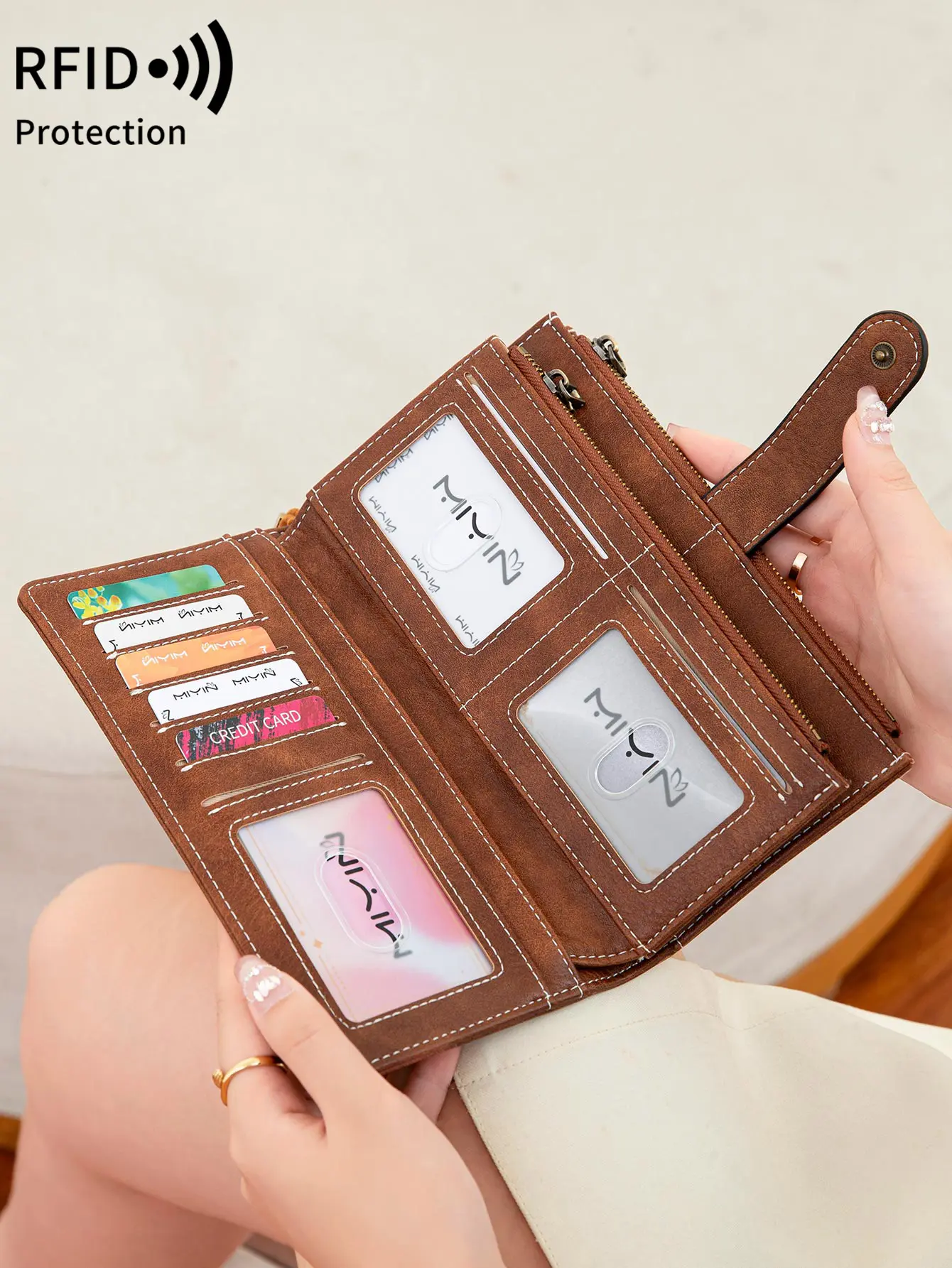 Fashion Vintage Womens Long Wallet RFID Blocking Multifunction Large Capacity Trifold Credit Card Holder Dual Zippers Wallet