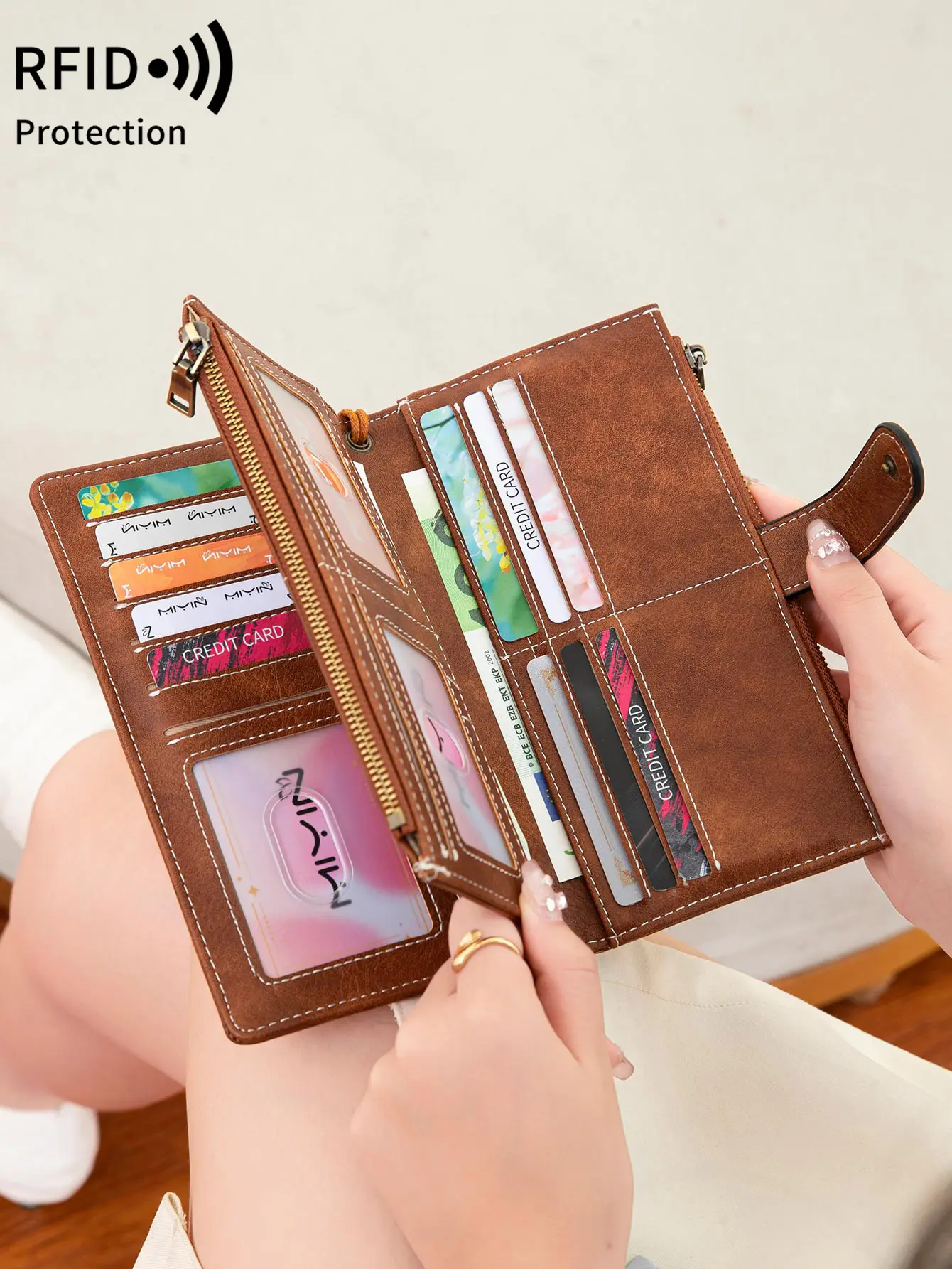 Fashion Vintage Womens Long Wallet RFID Blocking Multifunction Large Capacity Trifold Credit Card Holder Dual Zippers Wallet