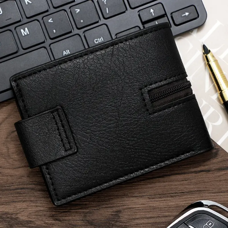 2025 Men's Bifold Short Wallet Simple Magnetic Buckle Purse with Zipper Change Bag Multiple Card Slots and Large Capacity Wallet