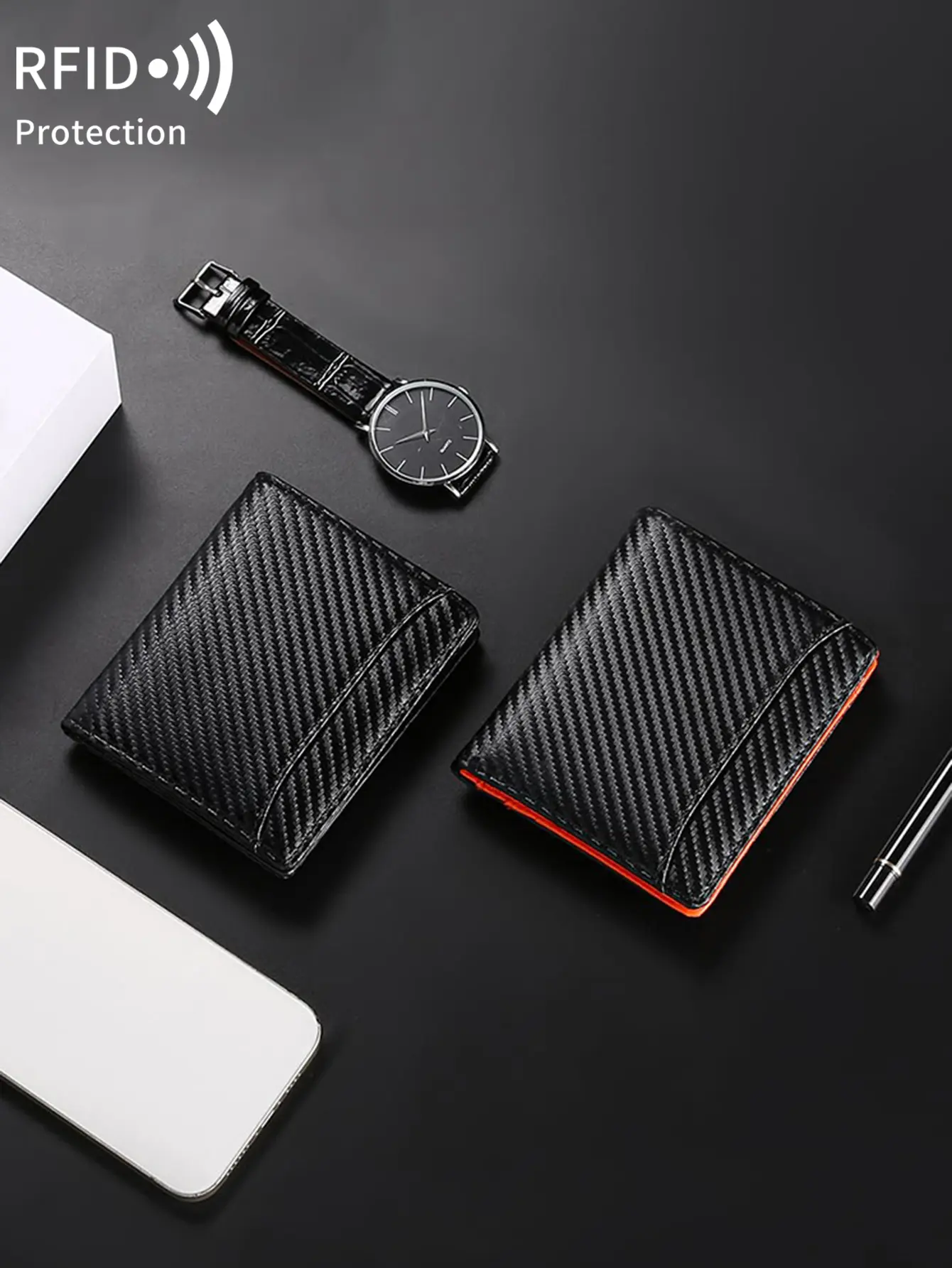 Men's Carbon Fiber Wallet PU Leather RFID Bifold Short Wallet Portable Zipper Coin Pocket Ultra-thin Large Capacity Card Holder