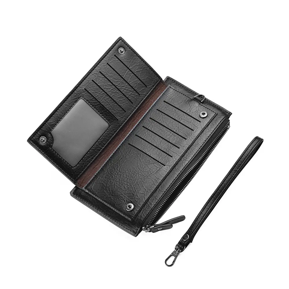 Vintage Men's Long Wallet PU Leather Zipper Wallet With Multiple Card Slots & Zipper Pocket