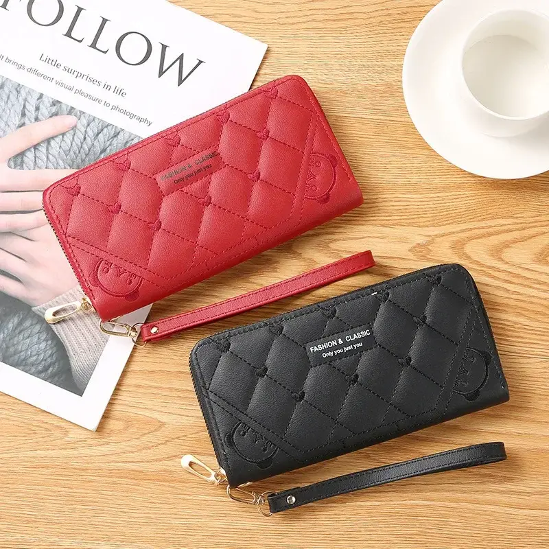 New Long Short Wallet Women's Fashion Credit Card Bag Purse Zipper Handbag Embroidered Heart Mobile Phone Money Coin Bag Case